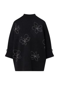 Maglione nero in lana con maniche a tre quarti, caratterizzato da ricami floreali bianchi e dettagli con bottoni sulle maniche.