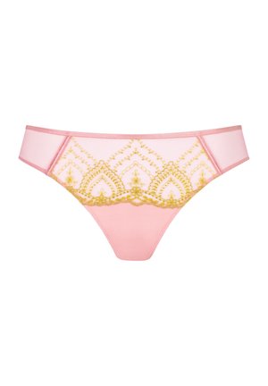 String rose en dentelle avec une broderie dorée complexe. Présente un design en maille et un tissu lisse pour le confort. Couverture minimaliste avec des accents décoratifs.