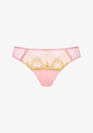 Pink lace thong with intricate gold embroidery. Features a mesh design and smooth fabric for comfort. Minimalistic coverage with decorative accents.