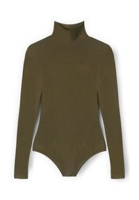 Body a maniche lunghe verde oliva a coste con colletto alto e silhouette aderente.