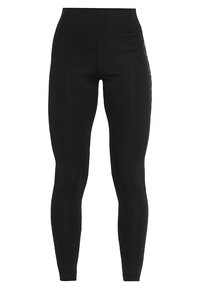 Svarta högmidjade träningstights med en slät yta och subtil logga på sidan, designade för träning eller avslappnad användning.