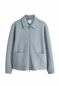 Veste zippée gris clair avec col, deux poches plaquées avant, et motif tricoté texturé en forme de vagues sur tout le tissu.