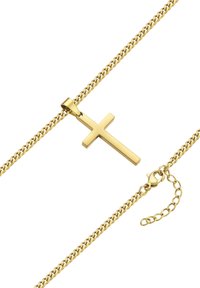 Guld-färgad kedja med en slät, matt rektangulär korspendant. Inkluderar en hummerklämma och justerbar kedjelängd.
