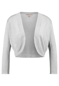 Söljig, kort cardigan med långa ärmar, en öppen front och ett mjukt, strukturerat stickat material med subtil lyster. Ingen knäppning.
