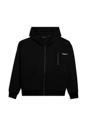 Hoodie noir zippé avec une poche frontale, capuche avec cordon de serrage et poignets côtelés. Logo "Freddy" sur le côté gauche en couleur contrastante.