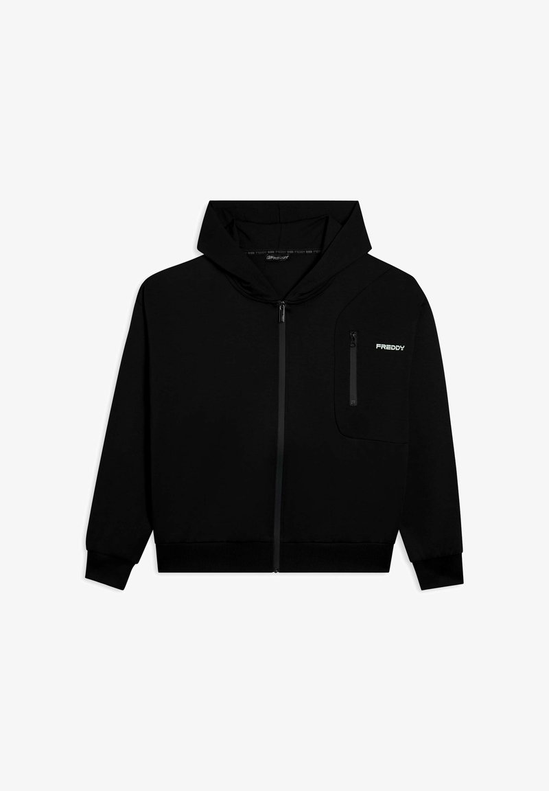 Felpa nera con zip, dotata di tasca frontale, cappuccio con coulisse e polsini a coste. Logo "Freddy" sulla parte superiore sinistra in un colore a contrasto.