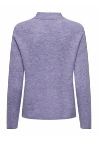 Pull en maille côtelée à manches longues couleur lavande avec col rond haut, vu de dos.