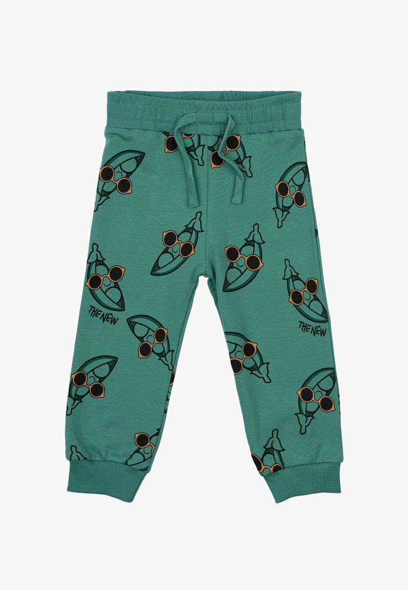 Minkštos, žaliavinės medvilninės kelnės mėlynojo žaliam vandens spalvos, su žaismingais žalių žuvų raštais, dėvinčių oranžinius akinius. Elastingas juosmuo ir apkabinti kulkšniai.