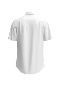 Camicia bianca a maniche corte con una texture liscia, colletto standard e cuciture sulle spalle sottili, presenta un orlo arrotondato sul retro.