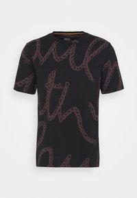 Černé tričko s hnědým vzorem připomínajícím provaz, krátké rukávy, kulatý výstřih a hladká textura.