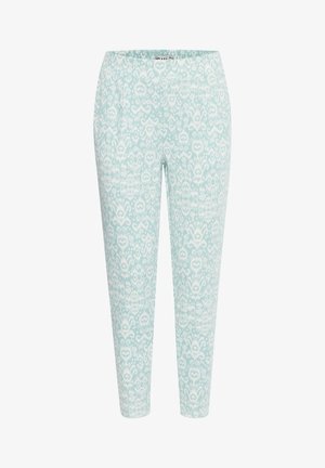 Šviesiai mėlynos kelnės su baltu sudėtingu raštu. Įtemptas kirpimas, šoninės kišenės ir glotni tekstūra. Elastingas juosmuo patogumui.