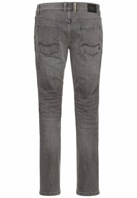 Gray denim pants with a straight-leg cut, featuring two back pockets, subtle stitching details, and a waistband label.