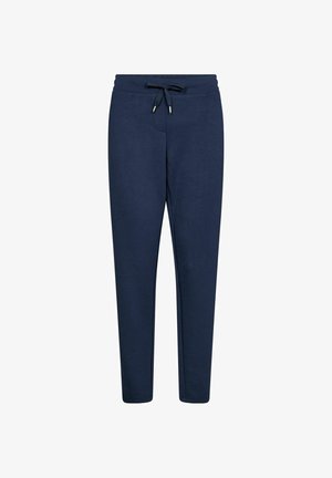 Pantalon de jogging bleu marine en tissu doux, avec une taille élastique et un cordon de serrage, des jambes fuselées et des poches latérales.