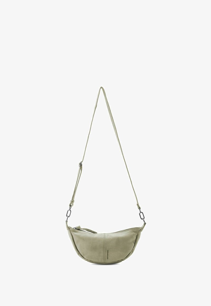 Borsa a spalla in pelle di colore verde chiaro, forma curva con chiusura a zip, tracolla regolabile e dettagli in metallo. Texture liscia.