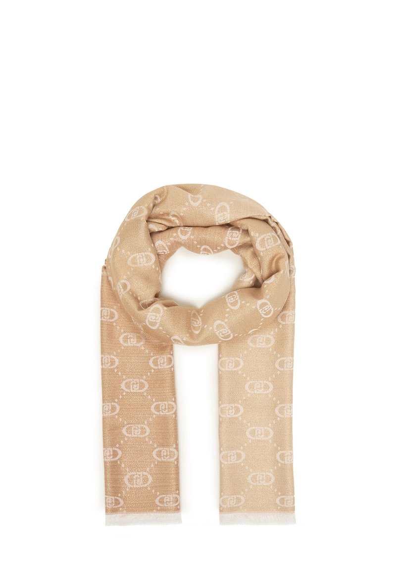 Beżowy szalik z powtarzającym się białym wzorem logo, o miękkiej fakturze i frędzlach na końcach dla dodatkowego akcentu.