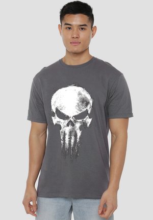 Gray cotton t-shirt featuring a large, textured white skull graphic, short sleeves, and a crew neck design.