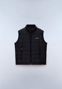 Sort puffervest med høj krave, frontlynlås, to sidelommer og vandret quiltet design. Har logodetaljer på brystet.