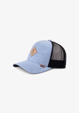 Light blue fabric and black mesh trucker cap with curved brim and brown diamond-shaped logo patch on front panel.