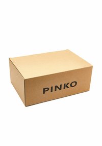 Scatola di cartone marrone con forma rettangolare, caratterizzata da un logo stampato in nero che recita "PINKO" sul fronte. Texture liscia, senza ulteriori motivi.