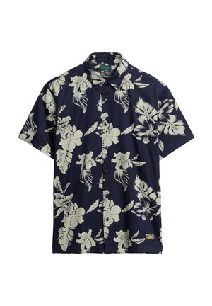 Kurzärmliges, marineblaues Hemd mit großem weißen Blumen- und Blättermuster, mit Kragen und Knopfverschluss. Weicher Stoff mit lockerer Passform.