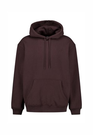 Brown hooded sweatshirt made of soft fabric. Features a kangaroo pocket, drawstring hood, and a small logo embossed on the chest.