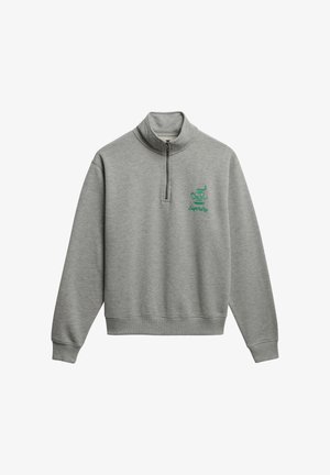 Grijze sweatshirt met ritssluiting, gemaakt van een katoenmix, met lange mouwen en een geribbelde zoom. Groen geborduurd logo op de borst.