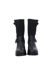 Schwarze Stiefel bis zur Mitte der Wade mit seitlichen Reißverschlüssen sowie dekorativen Riemen und Schnallen um den Knöchel, von vorne auf weißem Hintergrund abgebildet.