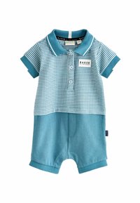Krótki kombinezon z krótkim rękawem w kolorze morskim z wzorem w kratę na górze, jednolite spodenki, zapięcie na guziki i naszywka z logo. Wykonany z miękkiego bawełnianego materiału.