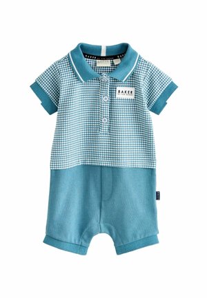 Mono de manga corta en color azul verdoso con parte superior de patrón de cuadros, pantalones cortos lisos, cierre de botones y parche con logo. Fabricado con material de algodón suave.