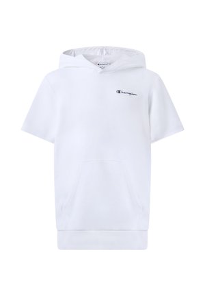 Witte hoodie met korte mouwen, voorzak en zwart "Champion" Logo op de linkerborst, weergegeven op een effen witte achtergrond.