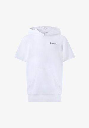 Witte hoodie met korte mouwen, voorzak en zwart "Champion" Logo op de linkerborst, weergegeven op een effen witte achtergrond.