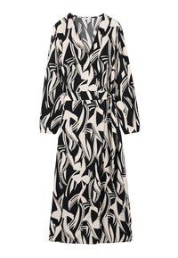 Robe portefeuille noire et blanche présentant des motifs abstraits, des manches longues, un décolleté en V et une ceinture à la taille pour une silhouette ajustée.