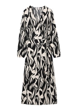 Melna un balta iesaiņojamā kleita ar abstraktiem rakstiem, garām piedurknēm, V-veida izgriezumu un jostu viduklim, lai veidotu piegulošu siluetu.