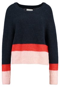 Pull en mélange de laine avec un large décolleté, un corps bleu marine, et des blocs de couleur horizontaux en rouge et rose clair, avec des poignets et un ourlet côtelés.