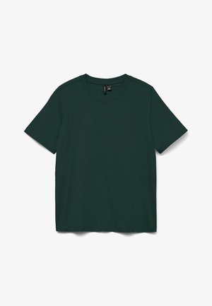 Mørkegrønn kortermet t-skjorte laget av mykt stoff. Har rund hals og et enkelt, rett snitt. Ingen mønstre eller dekorasjoner.