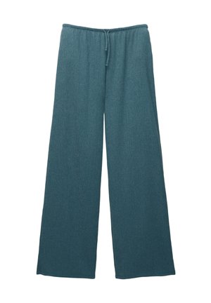 Pantalons larges teal en tissu tricoté texturé, dotés d'une taille élastique avec un cordon de serrage pour un ajustement.