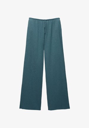 Tijdloos tealkleurige broek met wijde pijpen, gemaakt van een gebreide textuurstof. De broek heeft een elastische tailleband met een trekkoord voor aanpassing.