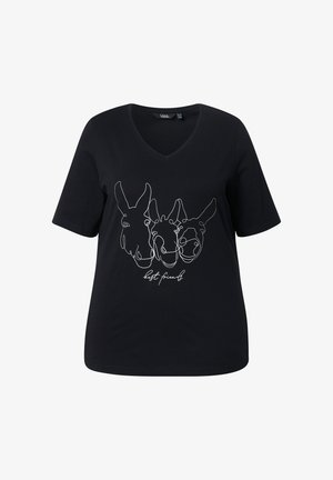 Schwarzes V-Ausschnitt-T-Shirt mit weißer Linienzeichnung von drei Eselköpfen und dem Text "beste Freunde" unter dem Motiv.