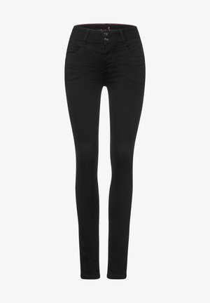 Zwarte skinny jeans met een hoge tailleband, voorzien van twee voorzakken en een dubbele knoopsluiting. De stof is soepel met een lichte stretch.