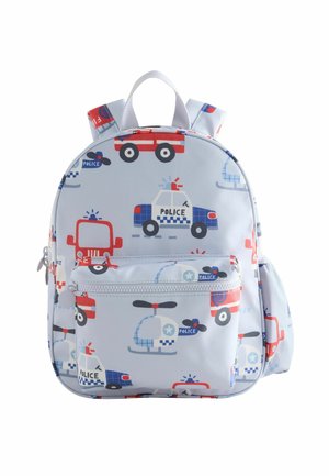 Zainetto per bambini azzurro chiaro stampato con macchine della polizia rosse e blu, autopompe e elicotteri della polizia.