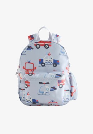 Zainetto per bambini azzurro chiaro stampato con macchine della polizia rosse e blu, autopompe e elicotteri della polizia.
