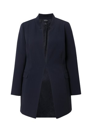 Navy blazer made of smooth fabric, featuring a mandarin collar, long sleeves, two front pockets, and a plain inner lining.