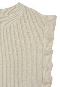 Beige gestricktes ärmelloses Oberteil mit geripptem Rundhalsausschnitt und fransigen Kanten entlang der Armausschnitte, das ein strukturiertes vertikales Strickmuster zeigt.