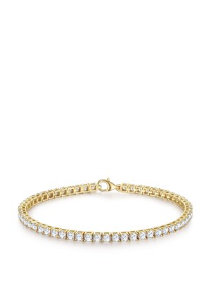 Goldener Tennisarmband mit einer Reihe runder klarer Edelsteine und einem Karabinerverschluss auf weißem Hintergrund.