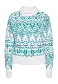 Pulover alb din tricot cu modele geometrice și florale turcoaz, având un gât înalt și manșete și tiv zimțate.