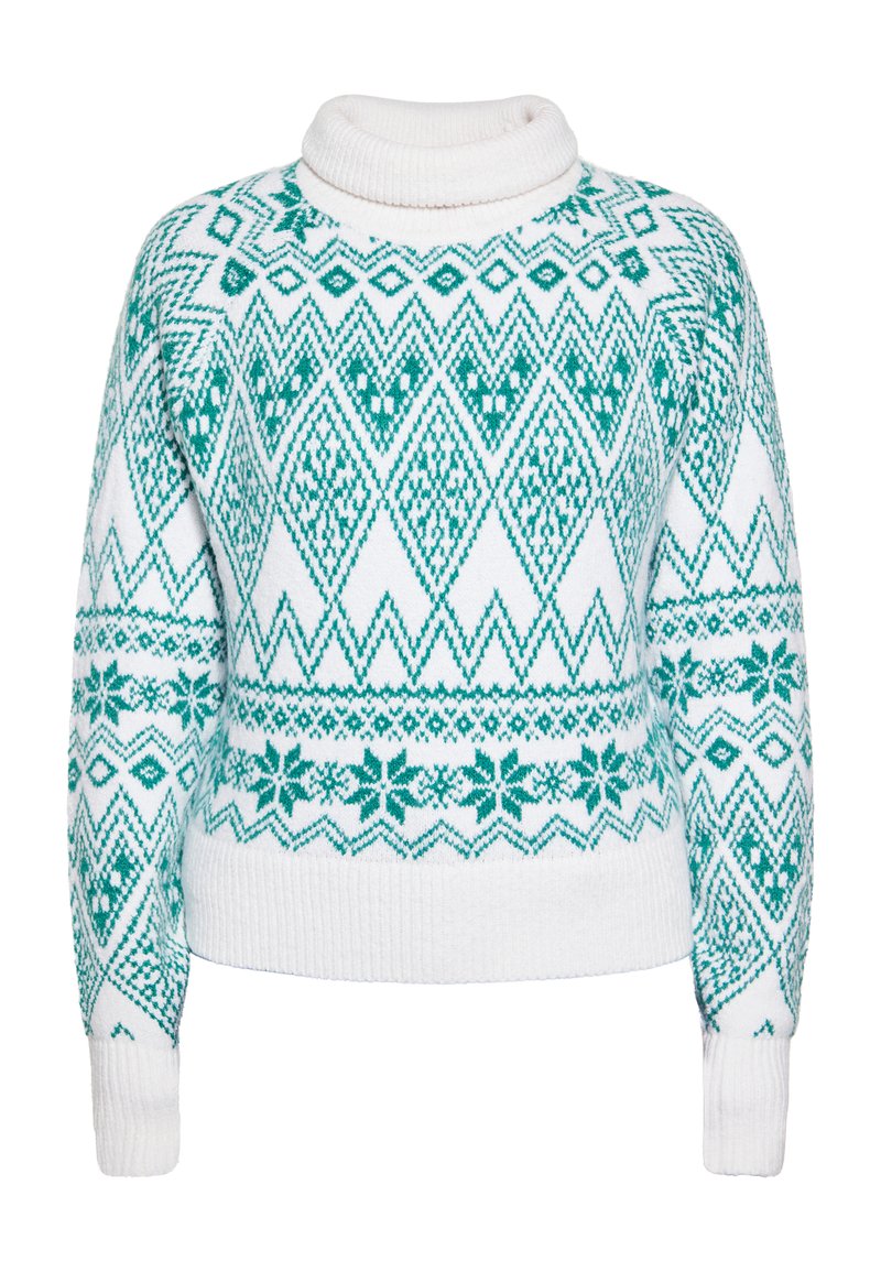 Pulover alb din tricot cu modele geometrice și florale turcoaz, având un gât înalt și manșete și tiv zimțate.