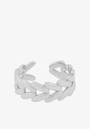 Weißer Metalldraht mit einem Kettenglied-Design aus länglichen, geschwungenen Formen. Glatte Textur und offenes Band für verstellbare Passform.