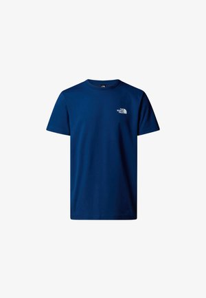 T-shirt en coton bleu marine avec un col rond, présentant un petit logo blanc sur la poitrine gauche. Manches courtes et coupe standard.