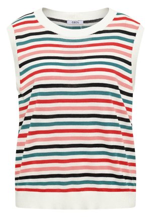 Haut tricot sans manches à rayures horizontales rouges, roses, noires, bleu sarcelle et blanches, avec un col rond et une étiquette de la marque CECIL.
