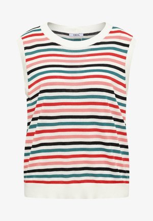 Haut tricot sans manches à rayures horizontales rouges, roses, noires, bleu sarcelle et blanches, avec un col rond et une étiquette de la marque CECIL.